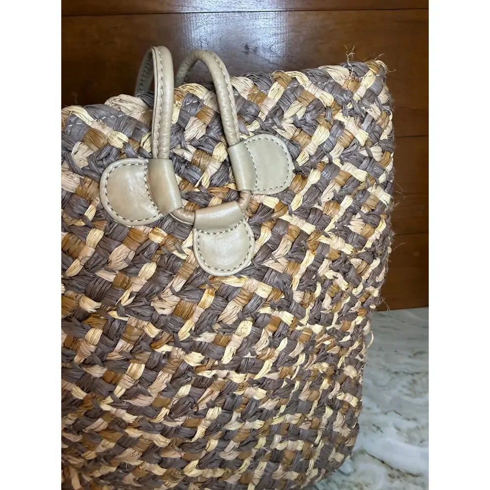 Helen Kaminski Straw Raffia Shoulder Bag Mocha Natural Leather Straps